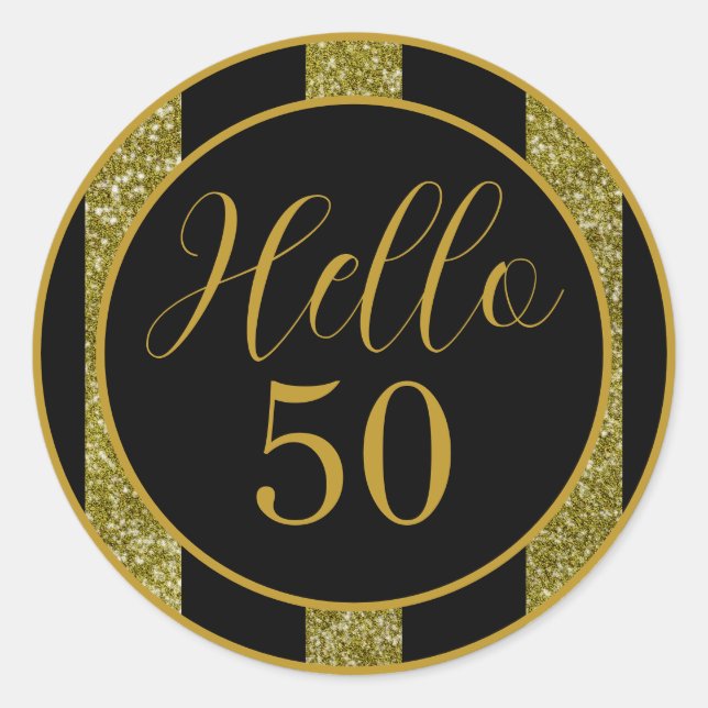 Pegatina Redonda Hello 50 Birthday Black Gold Glitter Stripes (Anverso)
