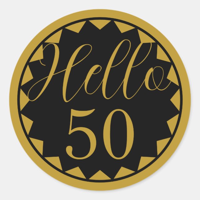 Pegatina Redonda Hello 50 Black and Gold  50th Birthday Design (Anverso)