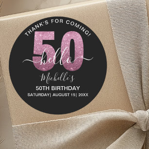 Pegatina Redonda Hello 50!- Fun 50th birthday Pink Glitter glitter