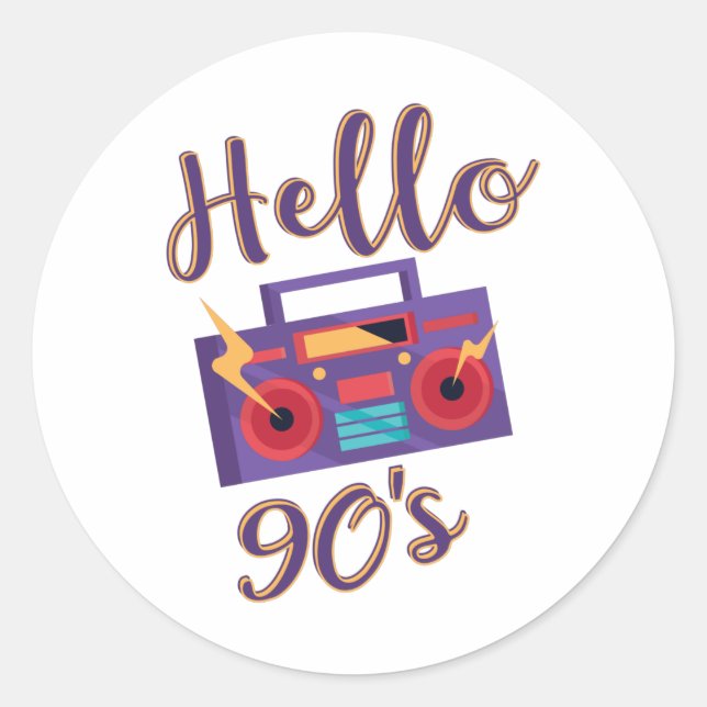Pegatina Redonda Hello 90s radio cassette recorder (Anverso)