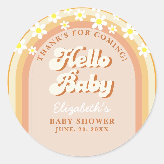 Pegatina Redonda Hello Baby Cute Groovy Baby Shower (Anverso)
