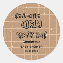 Pegatina Redonda Hello Cutie Girly Cute Brown Gingham Baby Shower