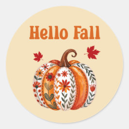 Pegatina Redonda Hello Fall Pumpkin Leaf