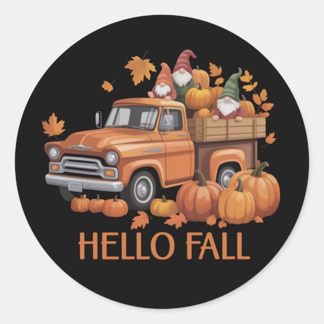 Pegatina Redonda Hello Fall Pumpkin Pickup Truck Gnome Otumn Tree (Anverso)