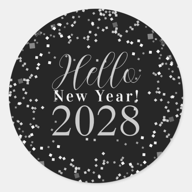 Pegatina Redonda Hello New Year's Eve Black and Silver Sparkle (Anverso)