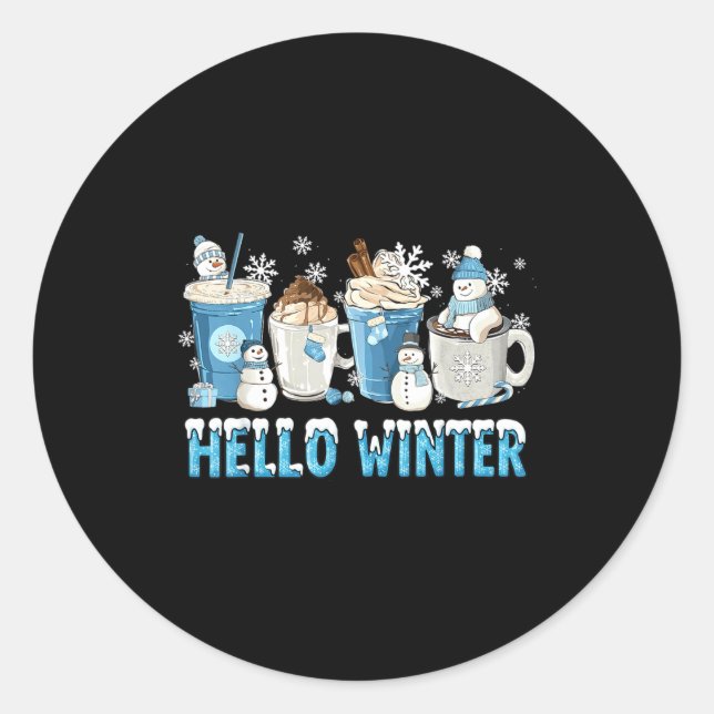 Pegatina Redonda Hello Winter Sweet Cozy Coffee Lovers Snowman Chri (Anverso)