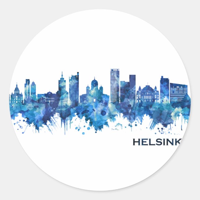 Pegatina Redonda Helsinki Finlandia Skyline Blue (Anverso)
