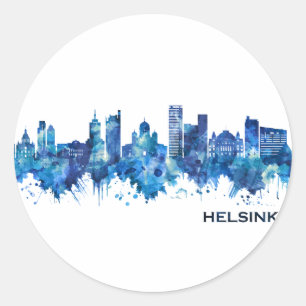 Pegatina Redonda Helsinki Finlandia Skyline Blue