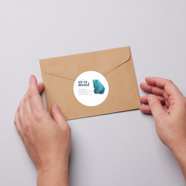 Pegatina Redonda Hemos movido la acuarela azul Georgia (Moving to Georgia State Announcement sticker)