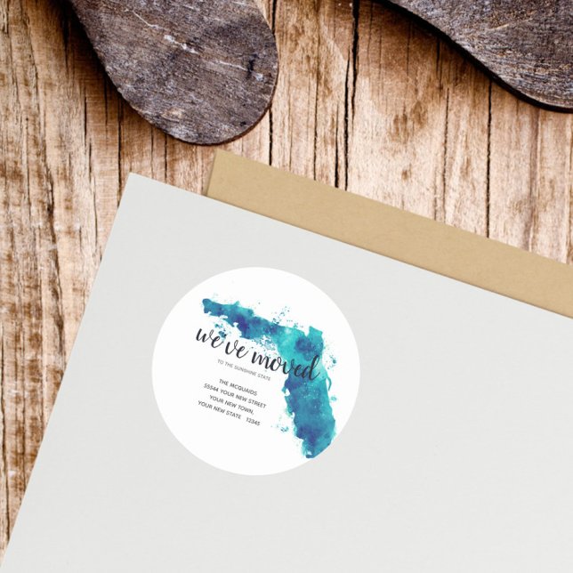 Pegatina Redonda Hemos movido la acuarela del estado de Florida (Florida We've Moved Watercolor Sticker)