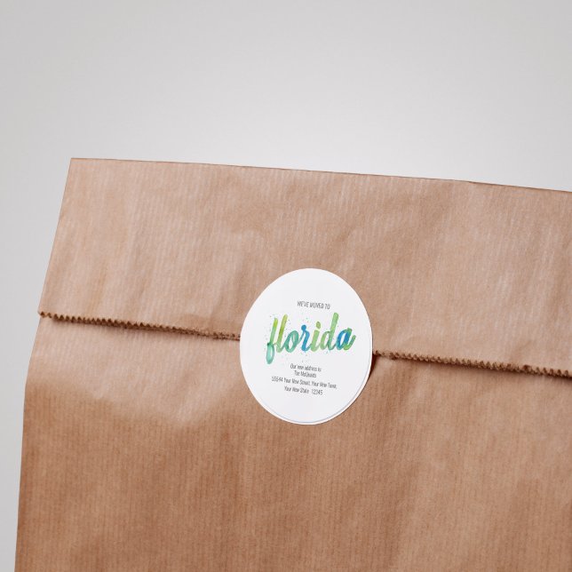 Pegatina Redonda Hemos movido la acuarela pintada a mano en Florida (We've Moved Round Sticker - Florida watercolor lettering)