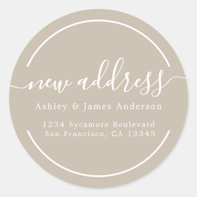 Pegatina Redonda Hemos movido la nueva dirección de Shiitake Grey (Anverso)