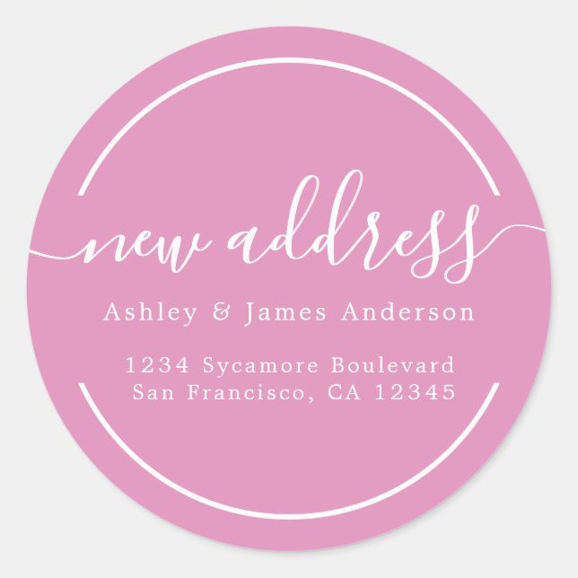 Pegatina Redonda Hemos movido la nueva dirección rosa de Fuchsia (Anverso)