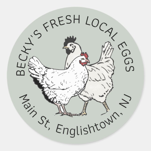 Pegatina Redonda Hen y gallo de cosecha con huevo verde cartón (Anverso)