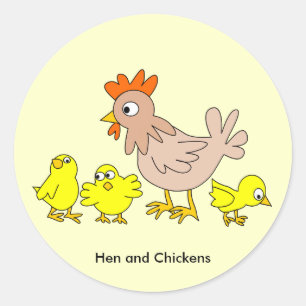 Pegatina Redonda Hen y pollos animados