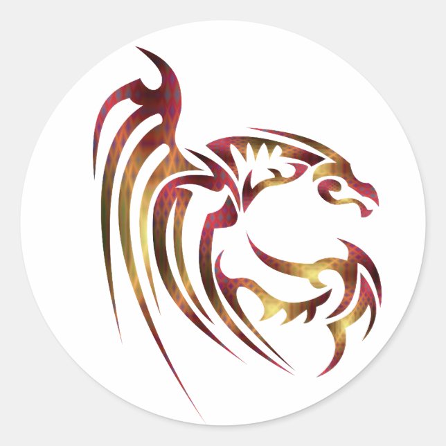 Pegatina Redonda Henham el Dragón Metálico Rojo y Oro (Anverso)