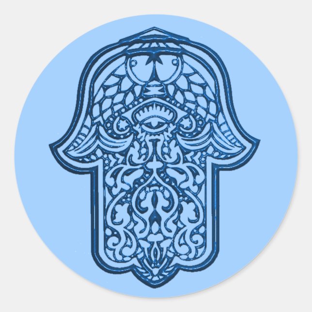 Pegatina Redonda Henna Hand de Hamsa (Azul) (Anverso)