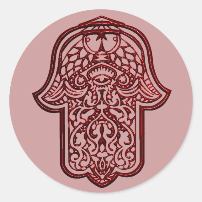 Pegatina Redonda Henna Hand de Hamsa (Rojo) (Anverso)