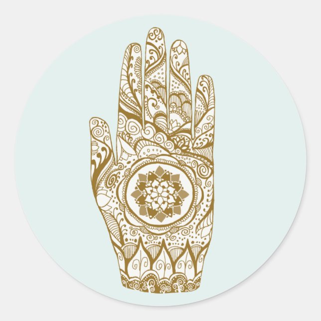 Pegatina Redonda Henna Hand Tattoo Con Flor Lotus (Anverso)