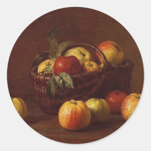 Pegatina Redonda Henri Fantin-Latour - Manzanas en una canasta sobr