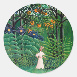 Pegatina Redonda Henri Rousseau - Mujer caminando en un bosque exót