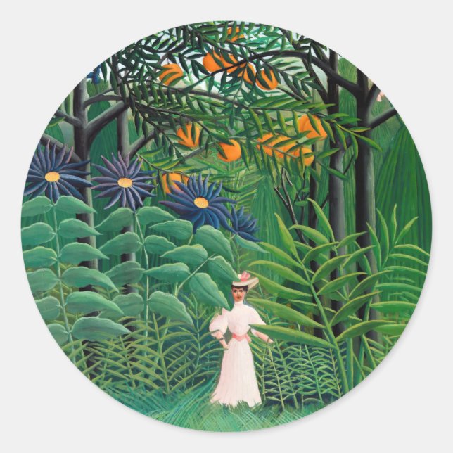 Pegatina Redonda Henri Rousseau - Mujer caminando en un bosque exót (Anverso)