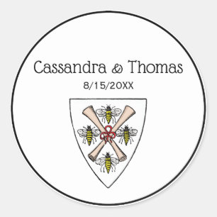 Pegatina Redonda Heraldic Vintage 4 Abejas se desplaza sobre Shield