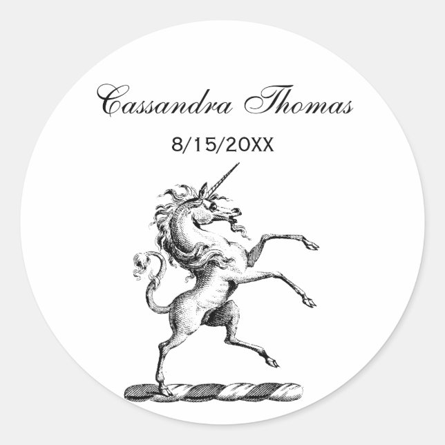 Pegatina Redonda Heráldica Unicornio en el escudo de armas