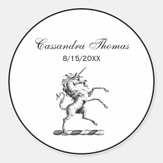 Pegatina Redonda Heráldica Unicornio en el escudo de armas (Anverso)