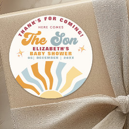 Pegatina Redonda Here come the son - Funny Retro Style Baby Shower