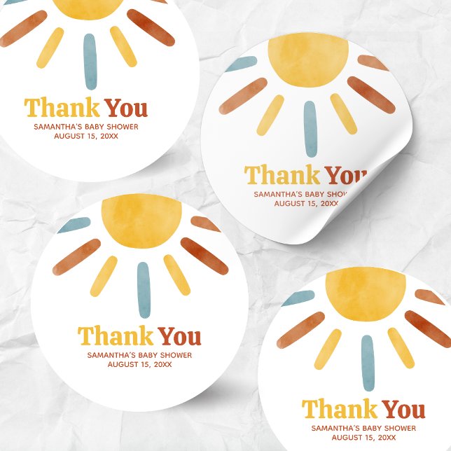 Pegatina Redonda Here comes the Son Sunshine Baby Shower (Here comes the Sun Baby Shower Round Sticker)