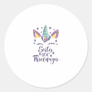 Pegatina Redonda Hermana De Una Niña Threenager Cumpleaños 3 Unicor