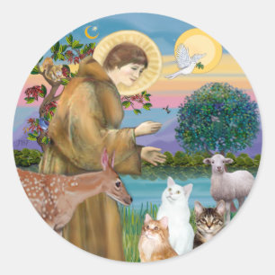 Pegatina Redonda Hermana Frances bendiciendo 5 gatos
