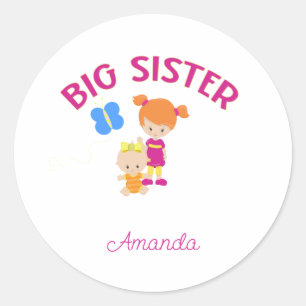 Pegatina Redonda Hermana grande con hermana bebé personalizada