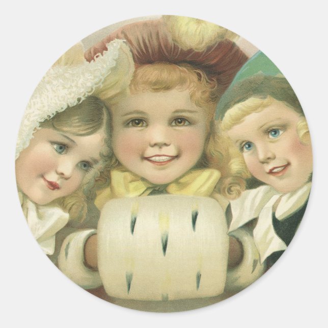 Pegatina Redonda Hermanas de Navidad de época, niños victorianos (Anverso)
