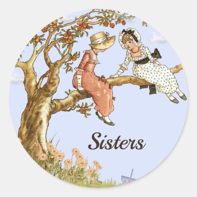 Pegatina Redonda Hermanas y Chicas de cosecha en manzanos (Anverso)