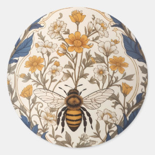 Pegatina Redonda Hermosa abeja floral vintage amarilla y azul