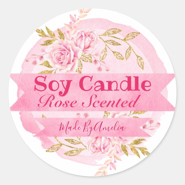 Pegatina Redonda Hermosa acuarela Rosa Scent Velas de soja (Anverso)