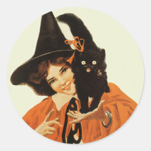 Pegatina Redonda Hermosa bruja con gato negro lindo