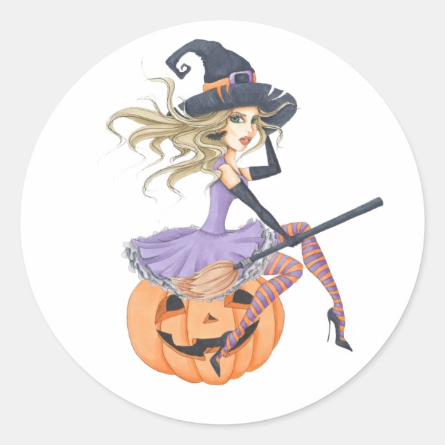 Pegatina Redonda Hermosa Bruja en la Calabaza (Anverso)