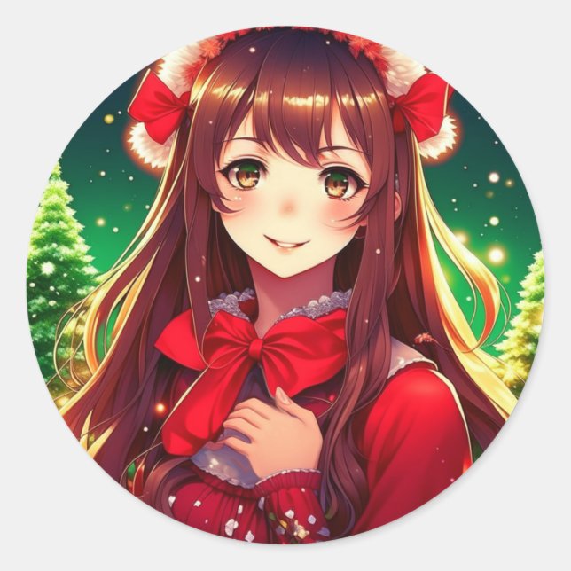 Pegatina Redonda Hermosa Chica anime en festivos Navidades rojos (Anverso)