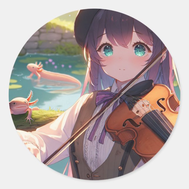 Pegatina Redonda Hermosa Chica anime toca el violín (Anverso)