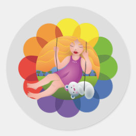 Pegatina Redonda Hermosa chica en columpio con su oso