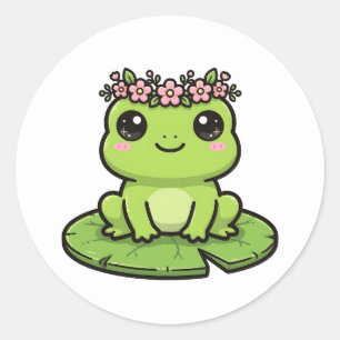 Pegatina Redonda Hermosa Corona de Flores de Rana Kawaii Sticker de
