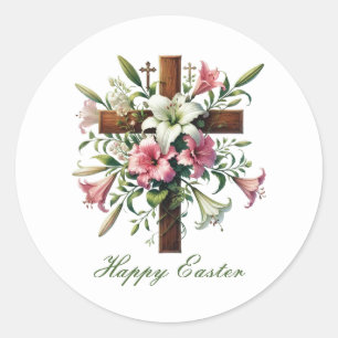 Pegatina Redonda Hermosa cruz de Pascua de madera
