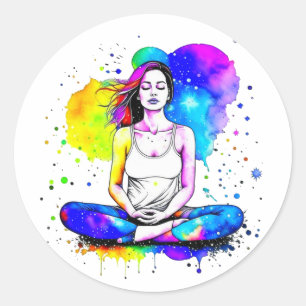 Pegatina Redonda Hermosa dama de arte espiritual meditando
