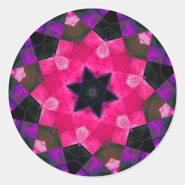 Pegatina Redonda Hermosa estrella de Kaleidoscopio Rosa y Púrpura (Anverso)