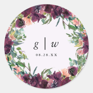Pegatina Redonda Hermosa floral con monogramas Boda