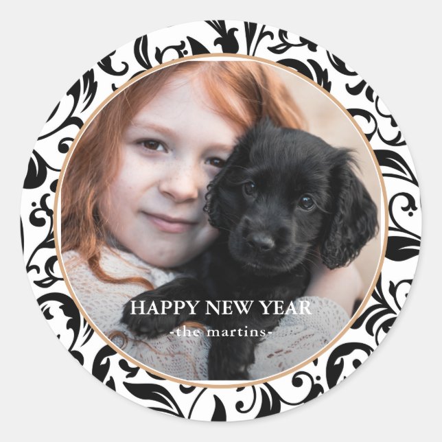 Pegatina Redonda Hermosa foto de Año Nuevo de Blanco y Negro (Anverso)