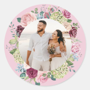 Pegatina Redonda Hermosa foto de Boda de pulverización rosa-claro